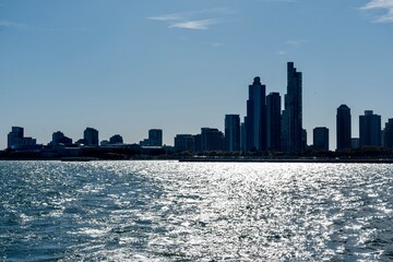 The Skyline of Downtown Chicago, IL along Lake Michigan on a Sunny Day