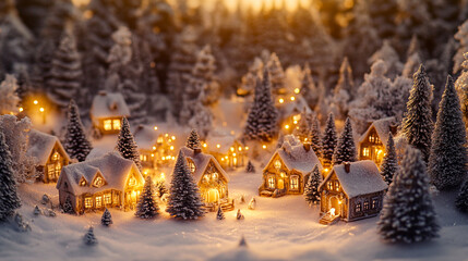 Pueblo navide&ntilde;o con casas y &aacute;rboles de porcelana sobre un fondo nevado, luces doradas en el bosque al atardecer, con espacio para copiar. Concepto navide&ntilde;o. Fotograf&iacute;a de alta calidad.