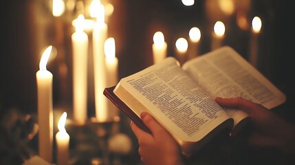Hands holding open Bible surrounded by lit candles, creating a serene atmosphere for spiritual reflection, prayer, and faith. Peaceful scene with warm candlelight, scripture reading and devotion