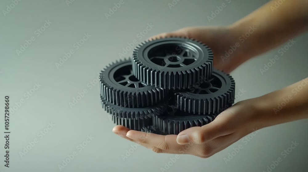 Poster hands stacking gears in conceptual display