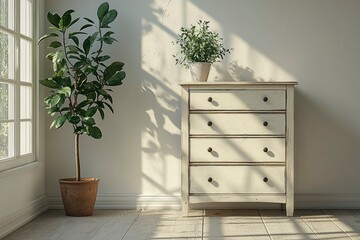 White Wooden Chest of Drawers with Two Potted Plants in a Room with a Window