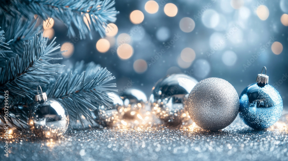 Wall mural Festive New Year's Eve decorations featuring silver and blue ornaments with a sparkling backdrop of bokeh lights