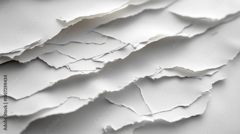 Poster textured white paper with uneven edges layered over each other, creating a dynamic, abstract composi