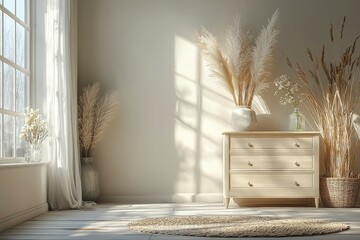 Minimalist Interior with White Dresser, Dried Flowers, and Sunlight