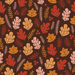 Autumn seamless pattern with oak leaves, berries and fir branches on brown background. Perfect for seasonal greetings, wallpaper, wrapping paper, fabric. Vector illustration
