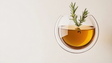 Colorful herbal tea levitating with a sprig of rosemary,