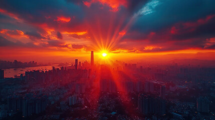 Obraz premium Rooftop view of a sprawling urban city with high-rise buildings and sunset colors, capturing the vastness and beauty of the city