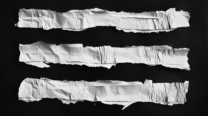 Black-and-white photograph featuring five horizontal strips of torn white paper against a solid black background