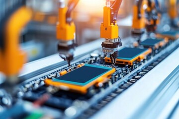 A modern assembly line in an electronics plant producing smartphones, smartphone production process, precision manufacturing