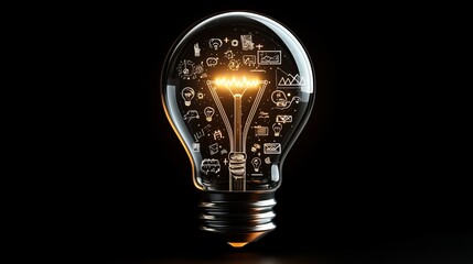 Glowing 3D Light Bulb with Abstract Icons