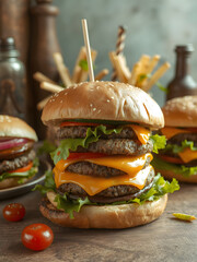 Layered Beef Cheese Burger on background.