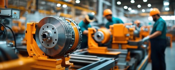 A factory producing electric motors for industrial machinery, with workers overseeing the process, electric motor production, industrial machinery manufacturing
