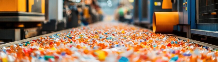 A plastic recycling plant with machines processing plastic waste into reusable materials, recycling production process, sustainable manufacturing