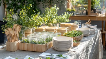 Sustainable Catering with Reusable Dishes : Eco-friendly catering setup with compostable dishes and utensils