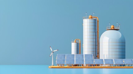 Obraz premium Renewable hydrogen production plant with advanced machinery and equipment utilizing wind and solar power to generate clean energy in a modern industrial cityscape setting