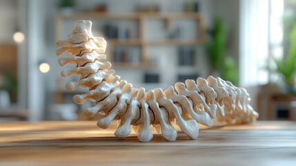 Fototapeta premium A detailed model of a human spine displayed on a wooden table.