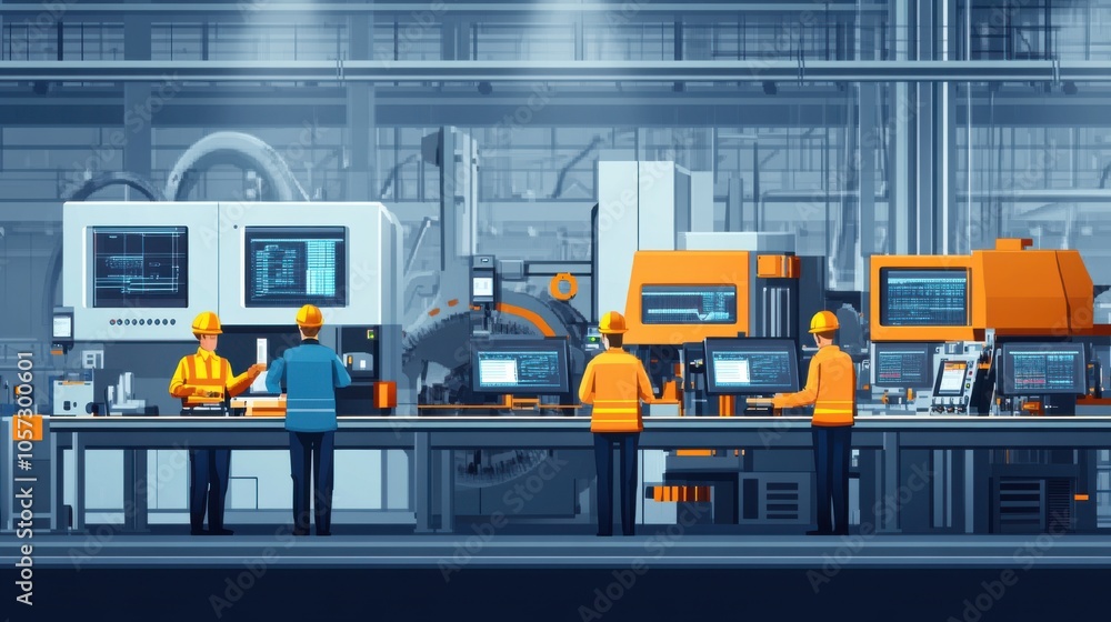 Poster engineers in an industrial factory using computer-aided
