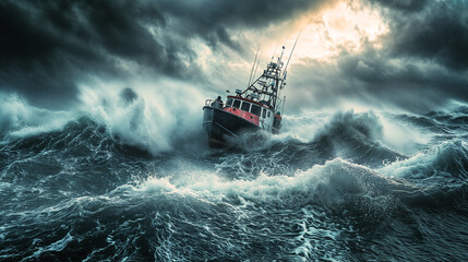 A fishing boat is sailing in rough, dark blue waters with a dramatic sky. The boat is surrounded by large waves as it navigates the choppy sea.	
