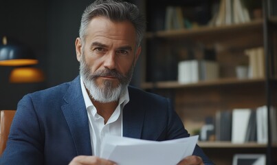 Confident bearded mature serious business man, successful company leader, founder, professional speaker posing with documents, happy looking at camera