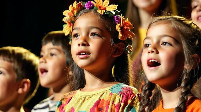 A young girl with a flower crown sings during a performance with her classmates