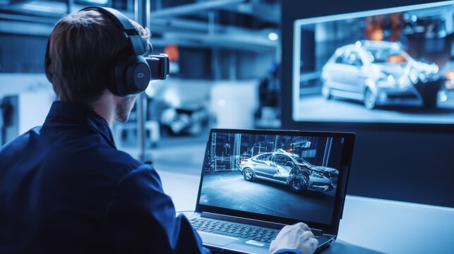 Engineers using laptops to simulate car crash tests in a virtual environment
