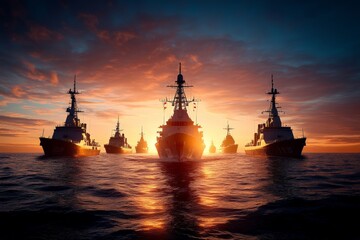 A majestic naval fleet showcases its formidable power as it is illuminated by the vibrant glow of the sunrise, creating an awe-inspiring display of naval strength and beauty.