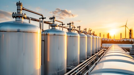 Obraz premium Advanced hydrogen production plant powered by renewable energy sources like solar panels and wind turbines situated in a vibrant industrial landscape with various machinery storage tanks and pipework