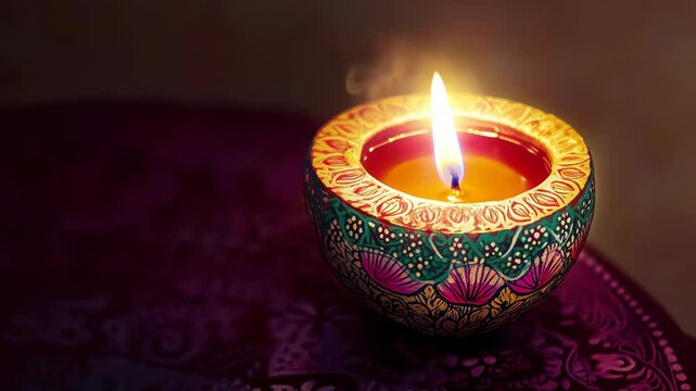 Candle with painted ornaments. Traditional oriental decoration. Eastern spirituality background. Wellness relaxing spa center arabesque themed d&eacute;cor ideas. Candlelight, evening aromatherapy concept.