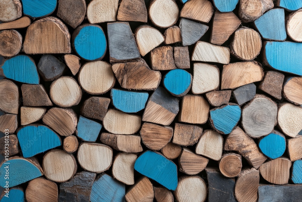 Aufkleber an abstract composition of mixed circular and angular wood cuts, some in natural and some in varying
