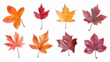 Fototapeta premium Assorted maple leaves in vibrant red and orange, showing seasonal colors and textures, isolated on transparent background