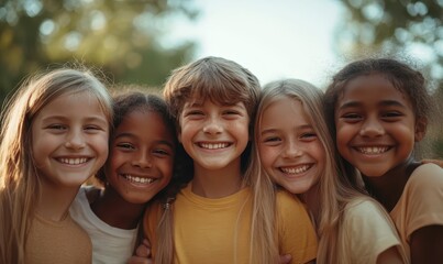 Portrait of a happy children friends standing together outdoors, hugging and smiling in the park on holidays enjoying spending time in a summer camp. Team, unity and friendship concept