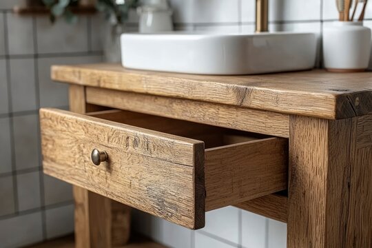 Open Drawer of a Rustic Wooden Bathroom Vanity