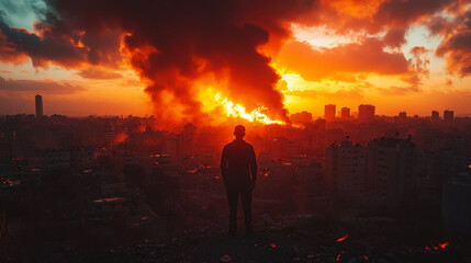 Fototapeta premium Arabic man standing and watching the destroying refugee Camp, fire and black smoke, low angle , wide shot , sunset