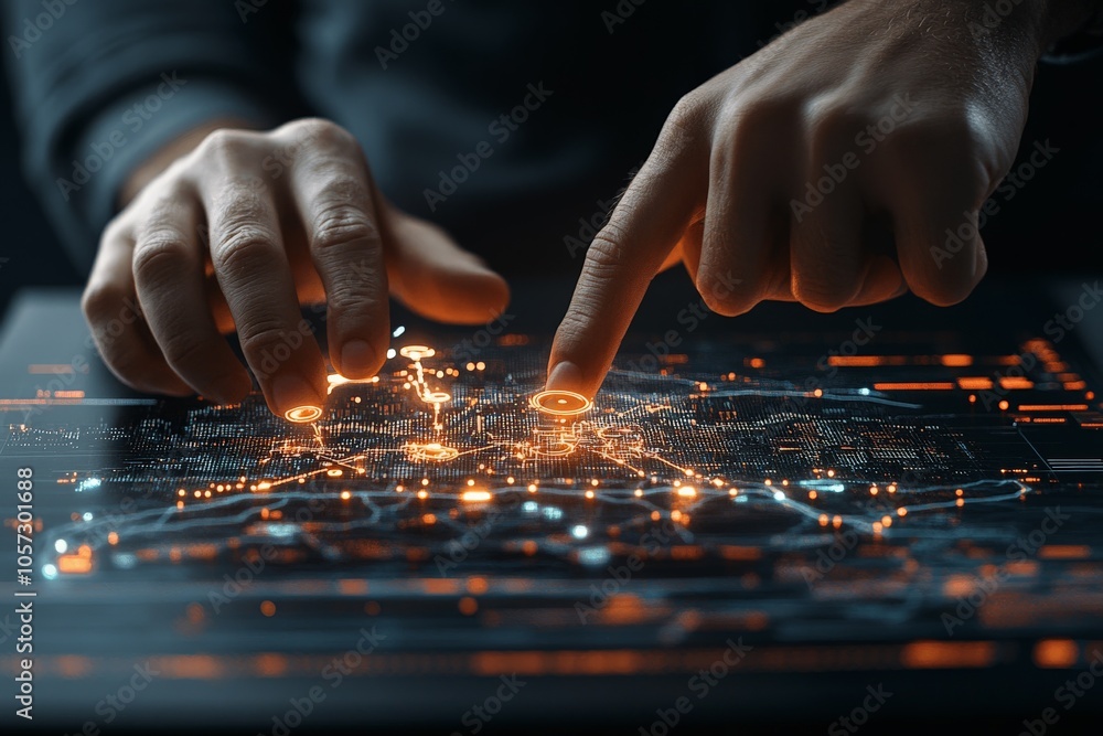 Poster hands engaged with a sophisticated, glowing digital map interface, representing exploration, technol