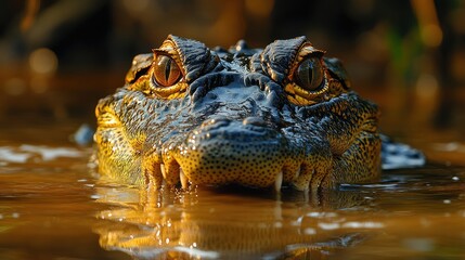 Obraz premium Close-up of a crocodile's head partially submerged in water.
