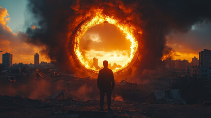 Arabic man standing and watching the destroying refugee Camp, fire and black smoke, low angle , wide shot , sunset