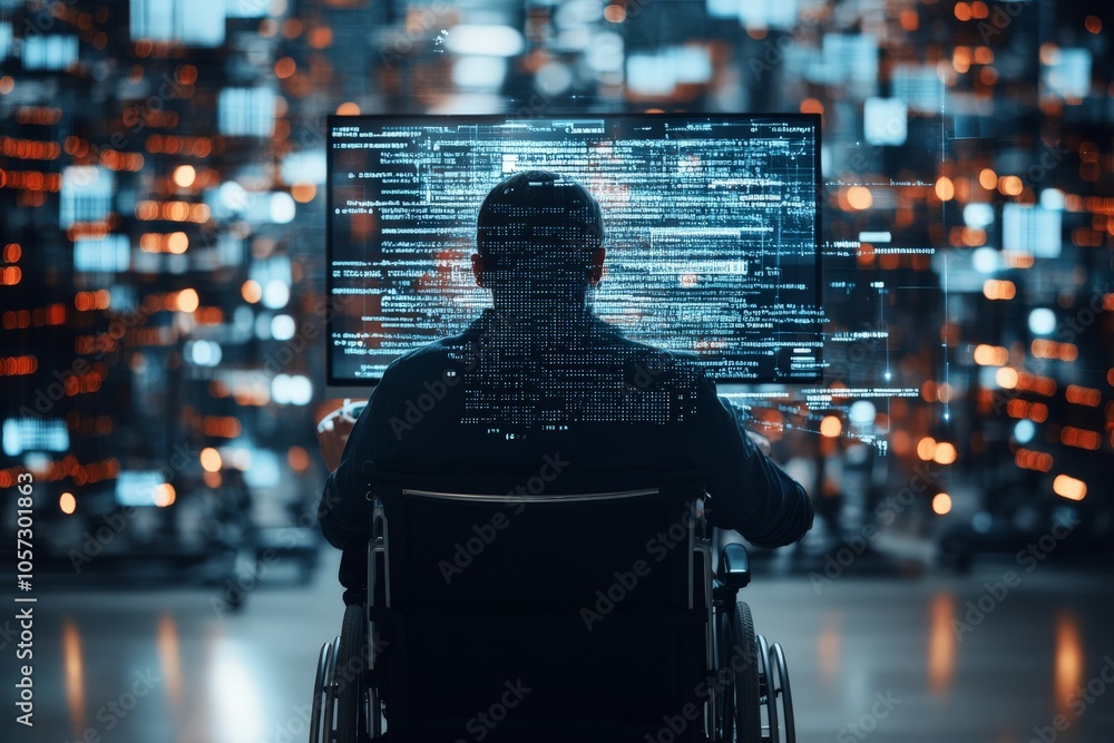 Poster a person sits in a wheelchair, coding on a computer displaying various lines of code against a vibra