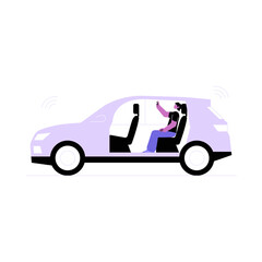 Obraz premium Woman In Self Driving Car Using Smartphone In Flat Vector Illustration Symbolizing Autonomous Vehicle Technology And Digital Connectivity, Isolated On White Background