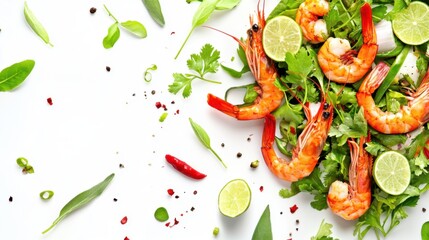 Floating Isaan-style spicy shrimp salad with fresh herbs and lime