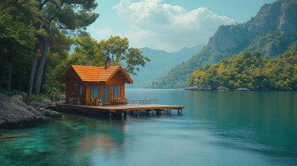 Naklejka premium A small wooden cabin sits on a pier overlooking a calm lake with lush green trees and mountains in the background.