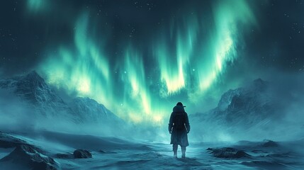 Fototapeta premium A figure stands in awe beneath the vibrant northern lights.