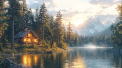Fototapeta premium Serene lakeside cabin at sunset, surrounded by mountains and trees.