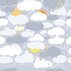 Clouds, sun, dots and spots cute kids pattern with sky, seamless pattern. vector illustration for kids.