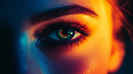 Close-up of an eye illuminated with blue and orange lighting
