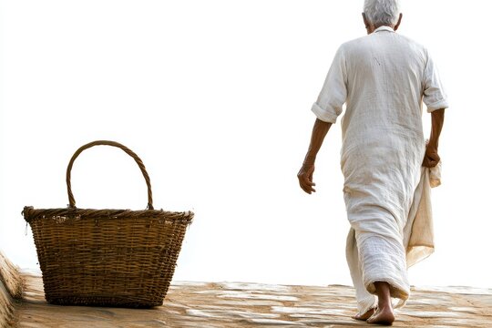 Indian culture, with a man wearing a traditional lungi and carrying a basket.