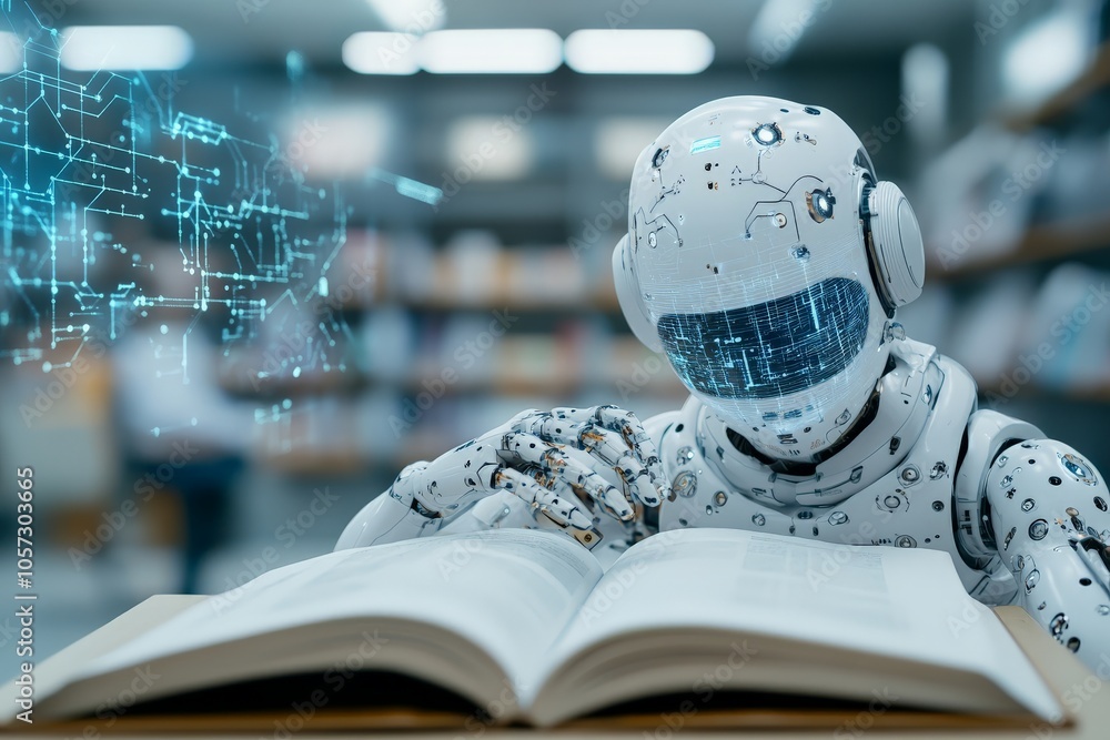 Poster a robot immersed in reading an open book within a library setting, featuring digital network graphic