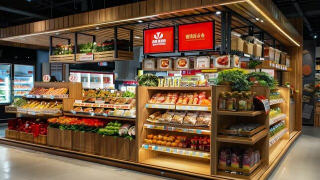 This vibrant grocery store displays fresh fruits, vegetables, and packaged products for shoppers.