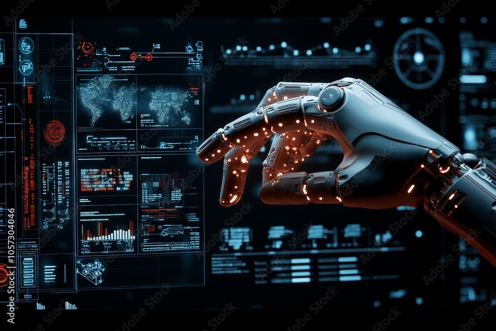 Poster a detailed robotic hand engaged with a glowing digital interface, showcasing data graphs and futuris