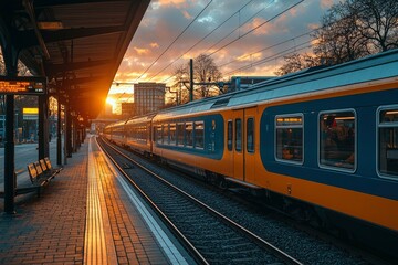 Fototapeta premium Train Departing Station at Sunset with Golden Sky