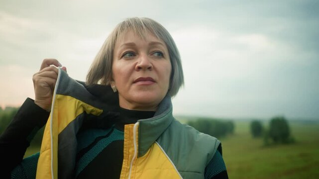 Close-up of middle-aged woman in green and black suit unzipping yellow jacket while looking into the distance in vast open field under cloudy skies, with green trees visible in the distance